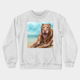 A Painting of a Red Nose Pit Bull Smiling and Basking in the Sun on the Beach Crewneck Sweatshirt